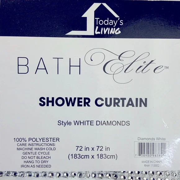 White Diamonds Shower Curtain Fabric Sparkling Rhinestones 72” x 72” White - Picture 9 of 14